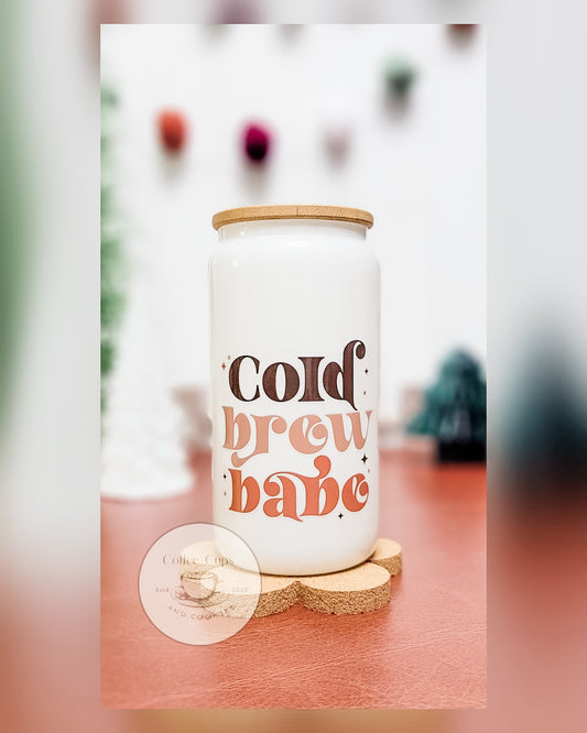 Cold Brew Babe - 16oz White Sparkle Glass Cup With Lid And Straw Included