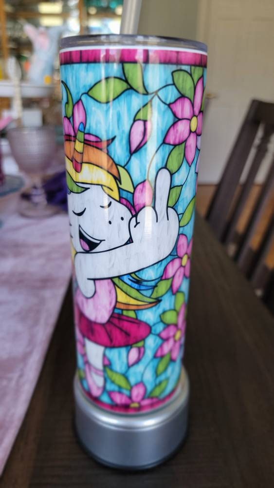 Stained Glass look Unicorn Flipping the Bird tumbler!