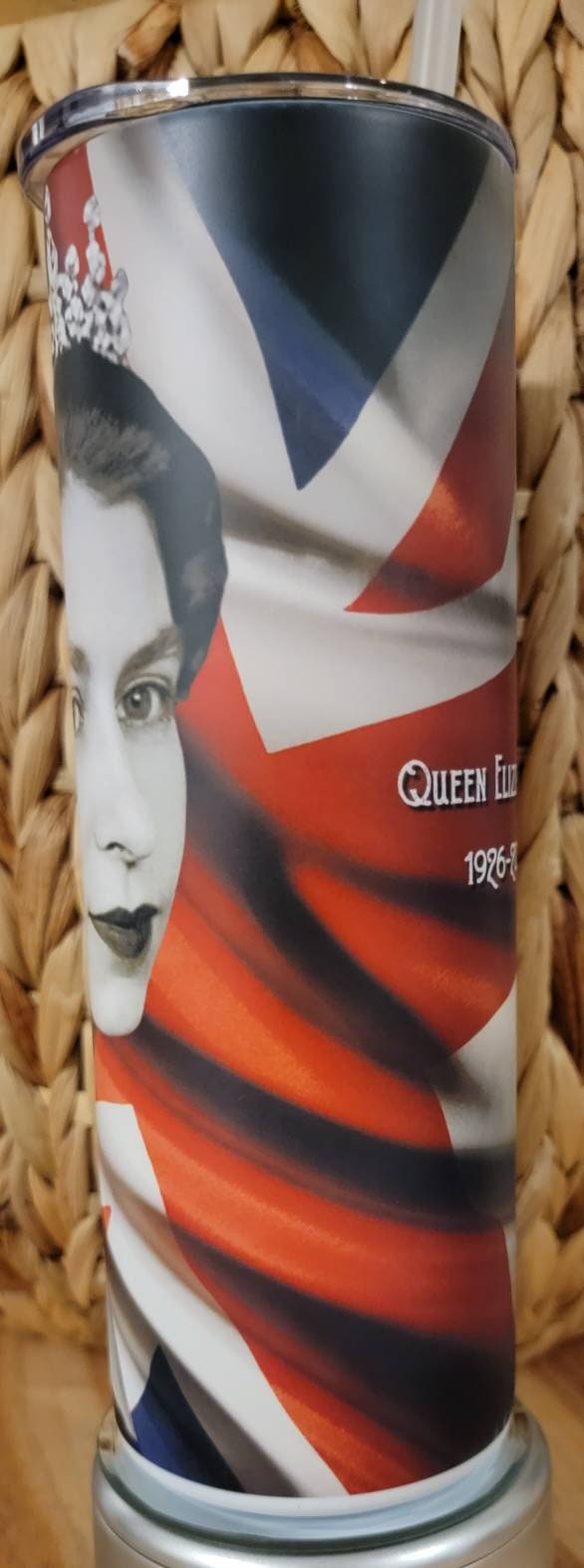 The Queen and her flag, 20 oz Tumbler, custom created, fast weekly shipping!