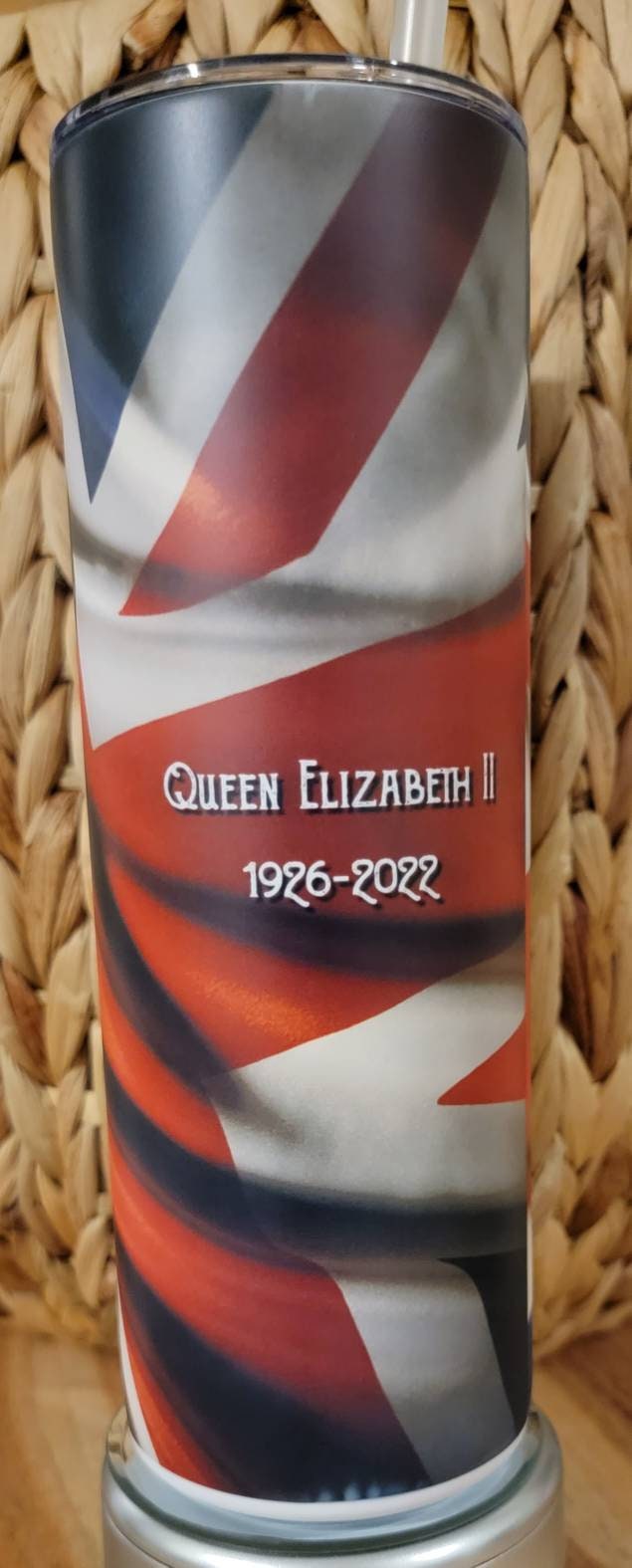 The Queen and her flag, 20 oz Tumbler, custom created, fast weekly shipping!