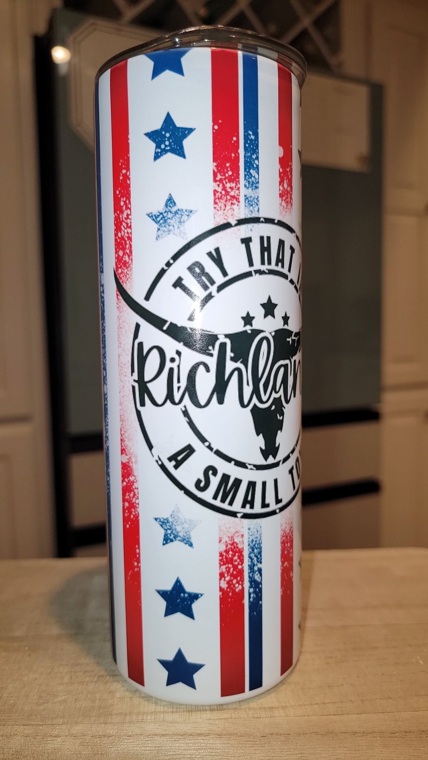 Striped Stars Your Town, personalized Small Town 20 oz Tumbler. Have your town name printed on your tumbler! ANY Town, City, or zip!