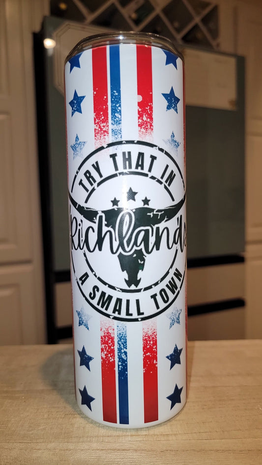 Striped Stars Your Town, personalized Small Town 20 oz Tumbler. Have your town name printed on your tumbler! ANY Town, City, or zip!