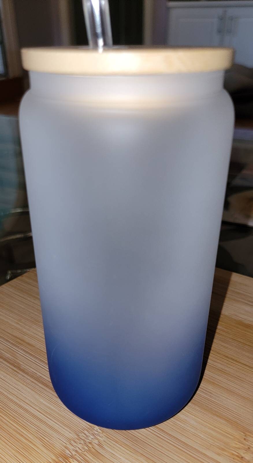 BLUE Ombre 16oz FROSTED Alcohol Glass can! Iced Coffee, beer can, or wine glass, with bamboo lid and straw. One glass can only.