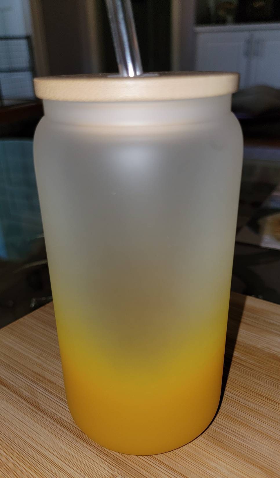 Yellow Ombre 16oz FROSTED Tequila Glass can! Iced Coffee, beer can, or wine glass, with bamboo lid and straw. One glass can only.